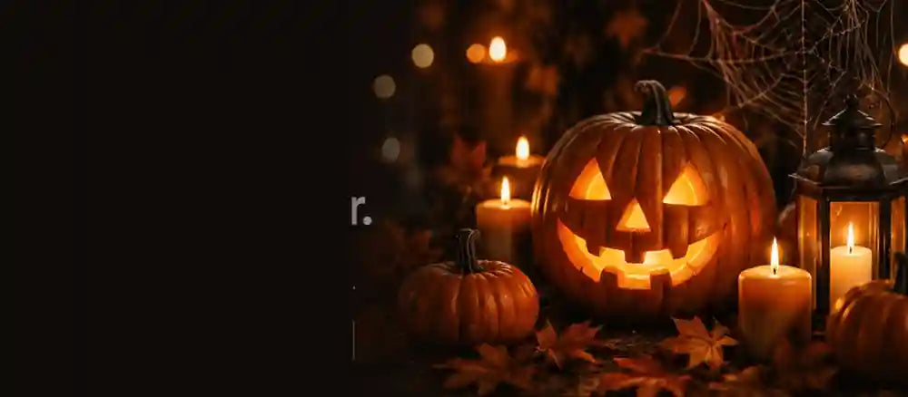 Halloween jack-o-lanterns, candles and lantern