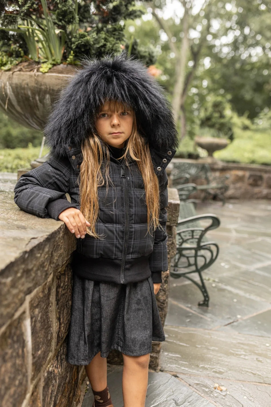 Children's Black Plaid Down Coat