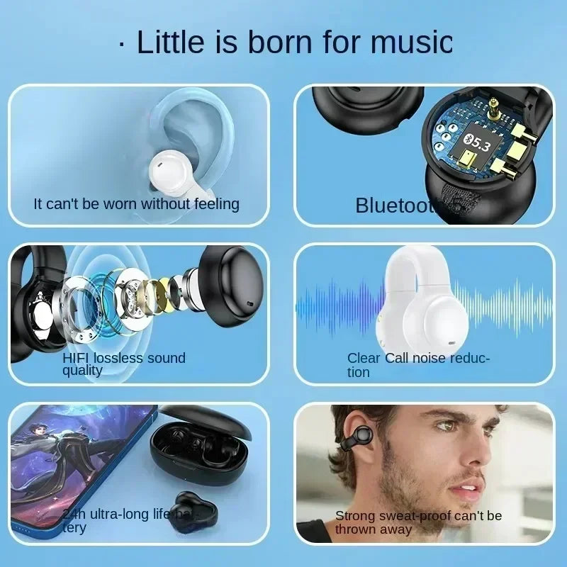 Noise Canceling Clip-On Bluetooth 5.3 Wireless Earbuds HD Microphone Stereo Sound Portable Headphones for