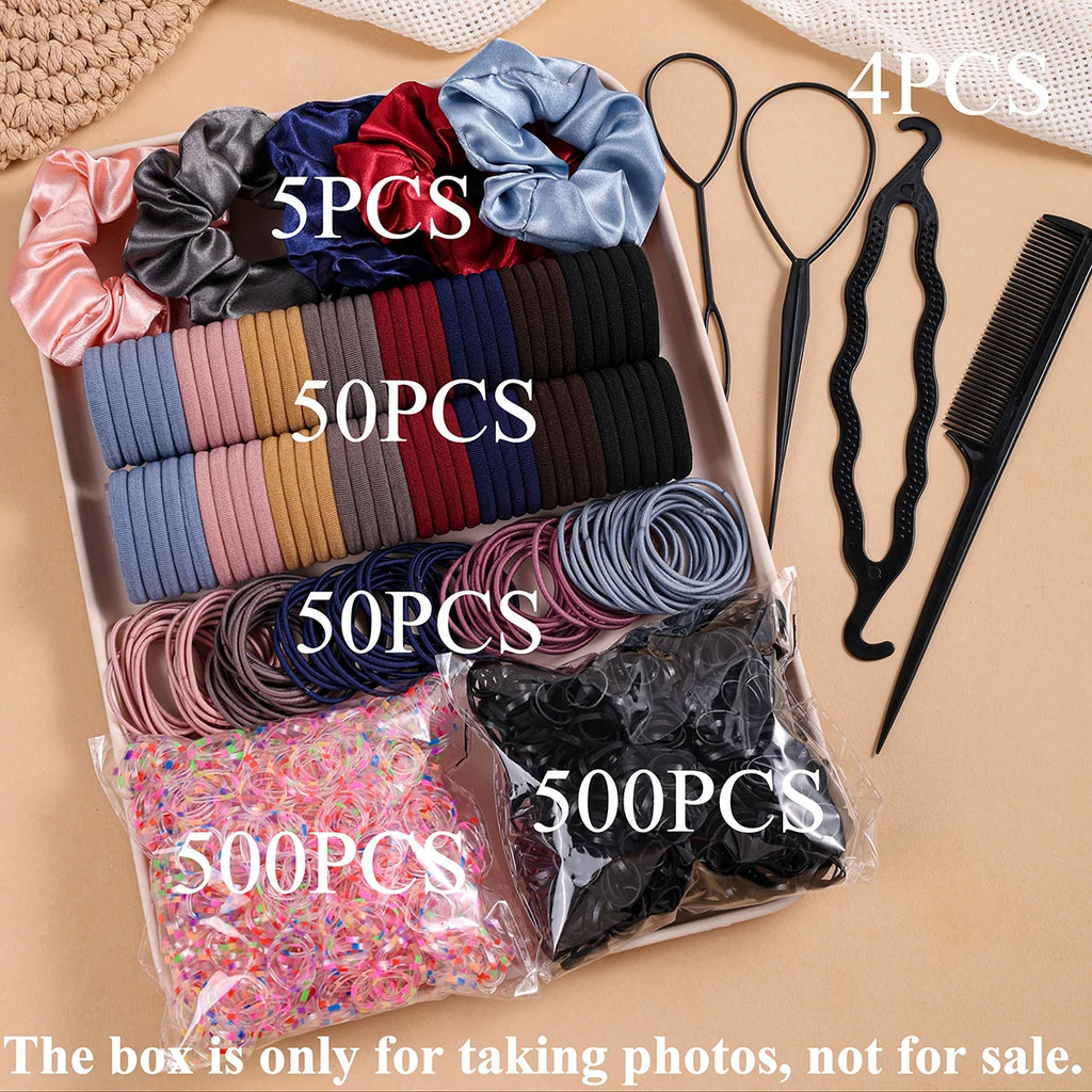 Women Dark Hair Accessories Set Elastic Seamless Ponytail Scrunchies Small Rubber Bands