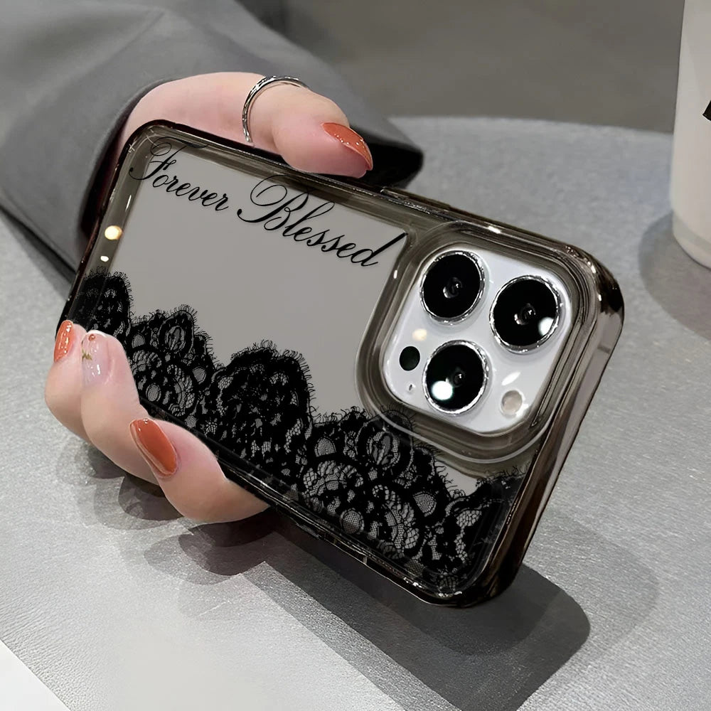 Black Lace Phone Case for iPhone 17 Pro Case 15 14 Pro Max 16 12 Shockproof Transparent Bumper Back Cover 17