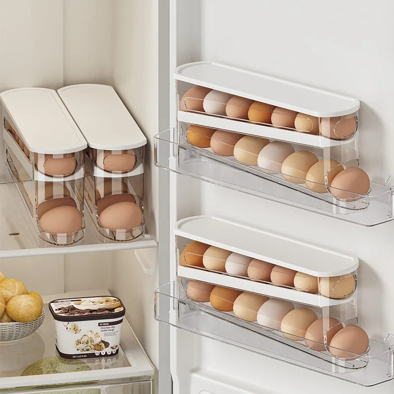 Bilayer Fridge Egg Storage Box Automatic Rolling Eggs Holder Rack Ladder Style