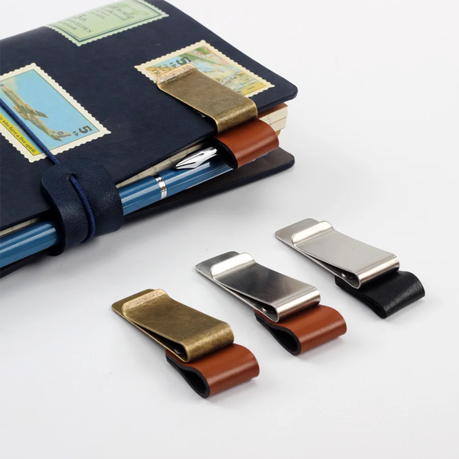 Handmade Leather Pen Holder Clip Brass Stainless Steel