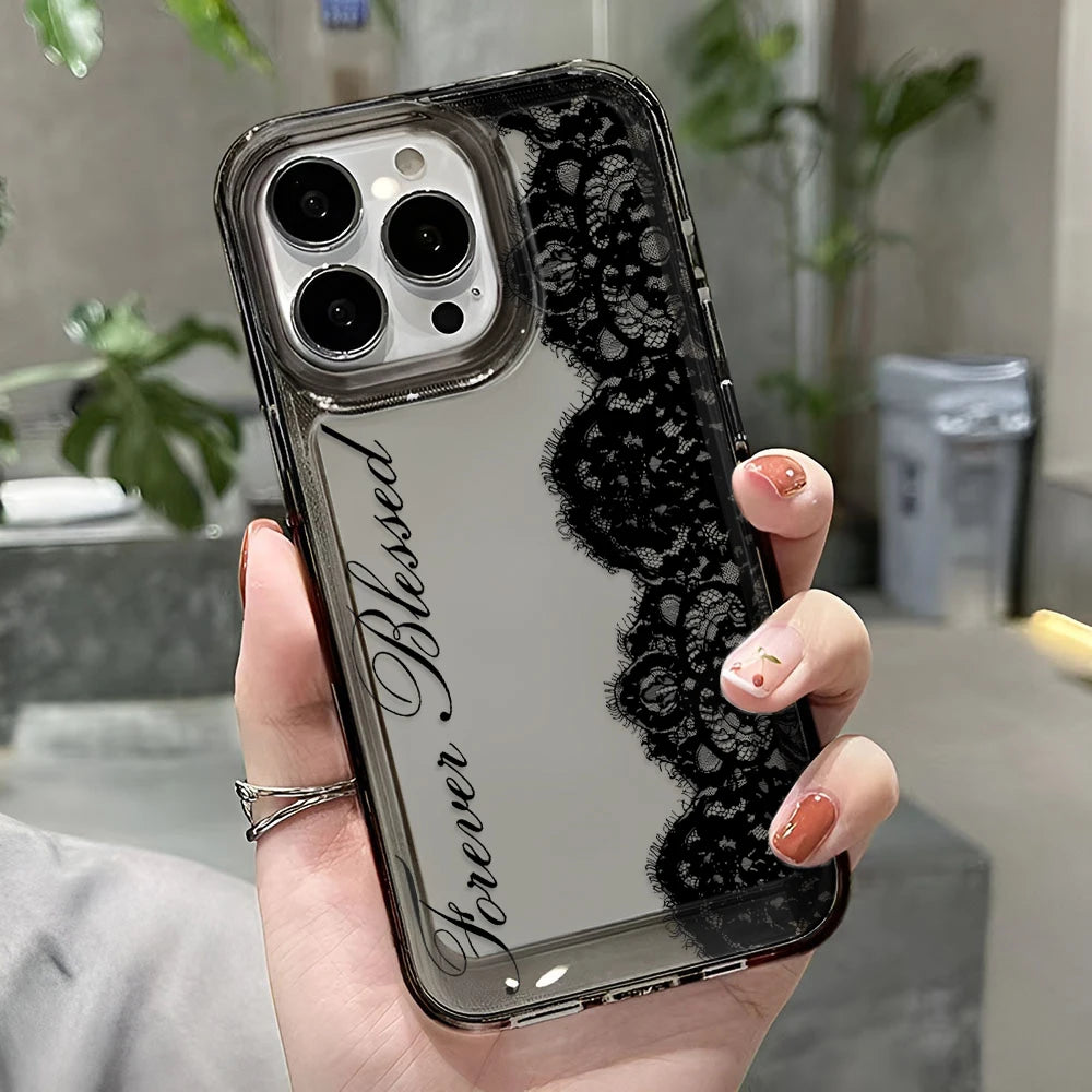 Black Lace Phone Case for iPhone 17 Pro Case 15 14 Pro Max 16 12 Shockproof Transparent Bumper Back Cover 17