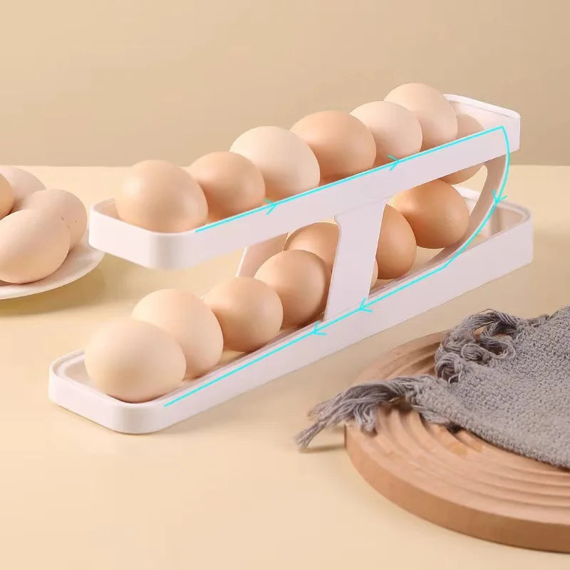 Bilayer Fridge Egg Storage Box Automatic Rolling Eggs Holder Rack Ladder Style