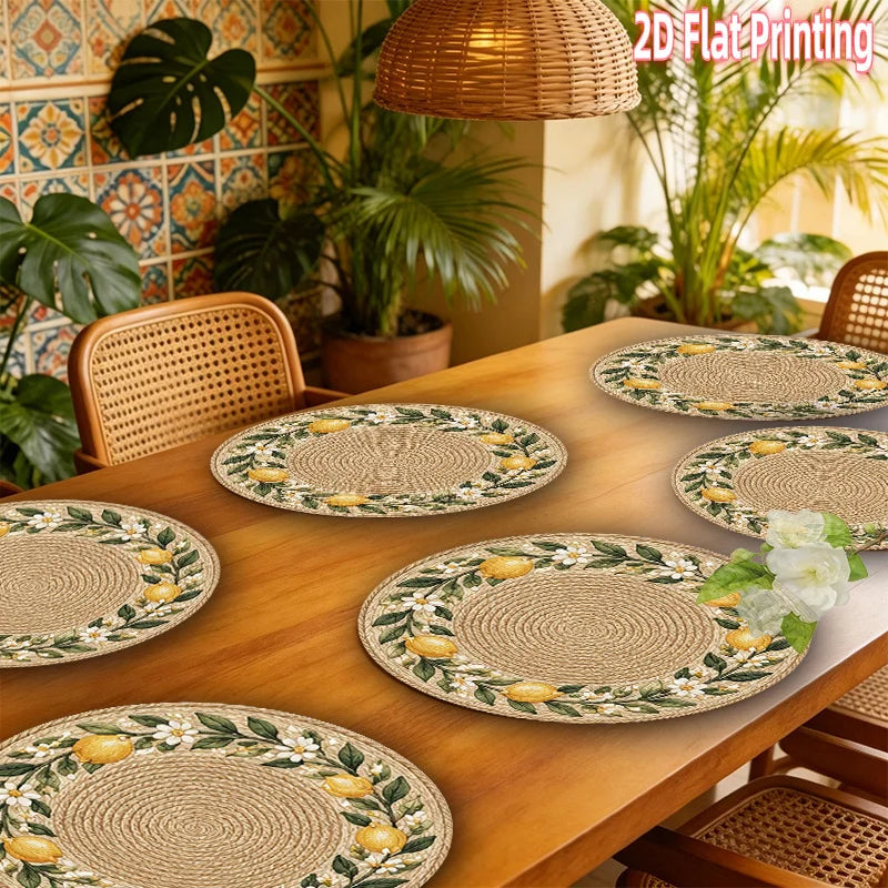 Lemon Floral Round Printed Placemats — 4 Pieces, 15 Inches