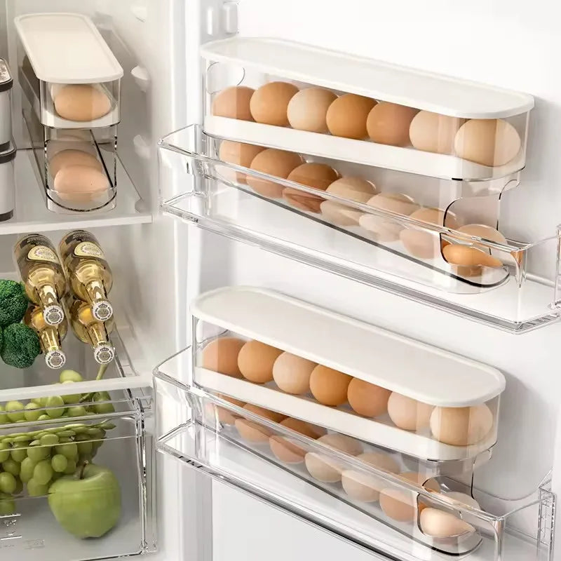 Bilayer Fridge Egg Storage Box Automatic Rolling Eggs Holder Rack Ladder Style
