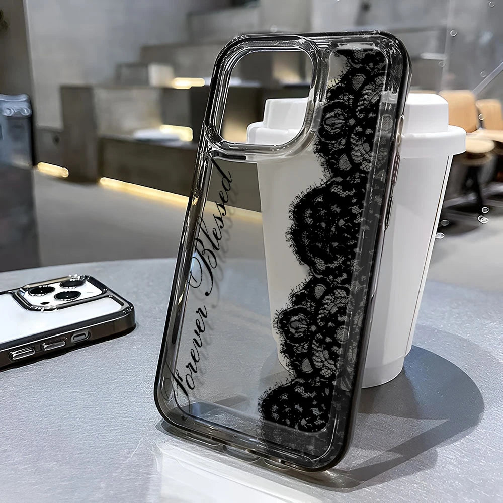 Black Lace Phone Case for iPhone 17 Pro Case 15 14 Pro Max 16 12 Shockproof Transparent Bumper Back Cover 17