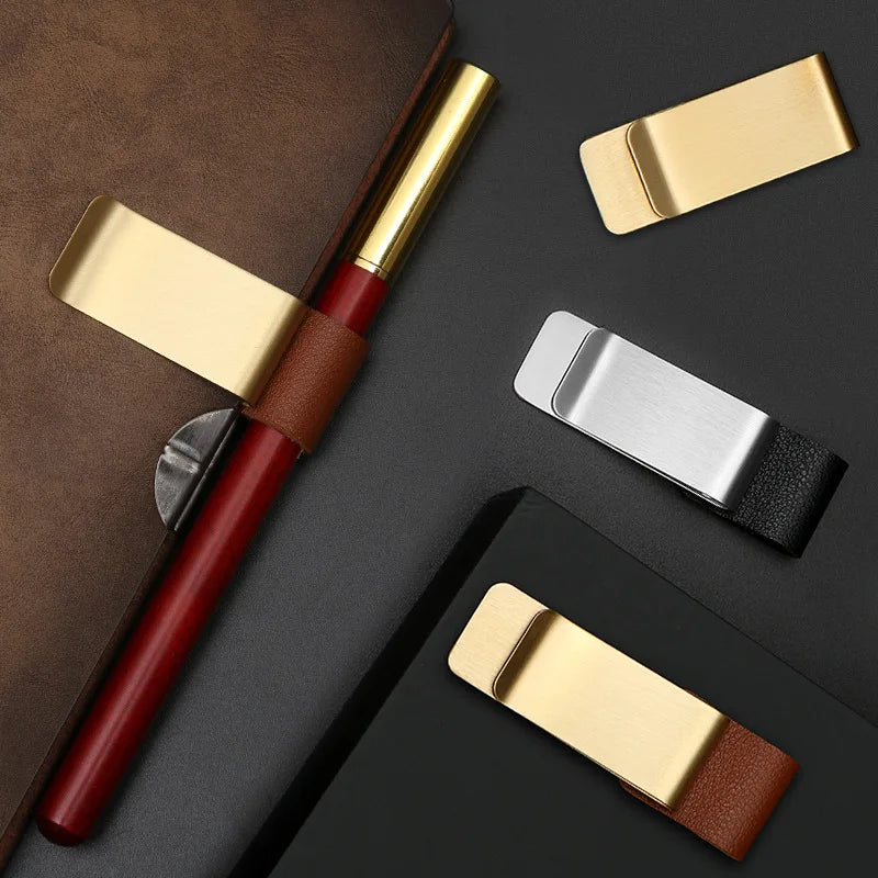 Handmade Leather Pen Holder Clip Brass Stainless Steel
