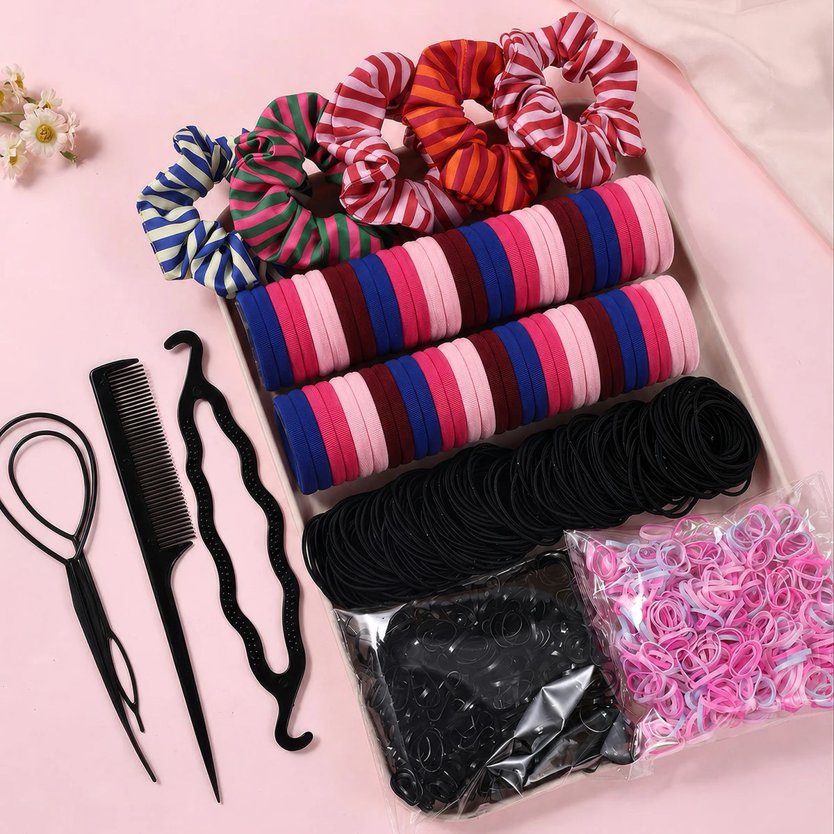 Women Dark Hair Accessories Set Elastic Seamless Ponytail Scrunchies Small Rubber Bands