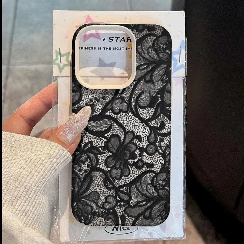 Elegant Black Lace Floral Phone Case for iPhone 17 12 13 11 14 15 16 Pro Max Soft TPU Shockproof Women's