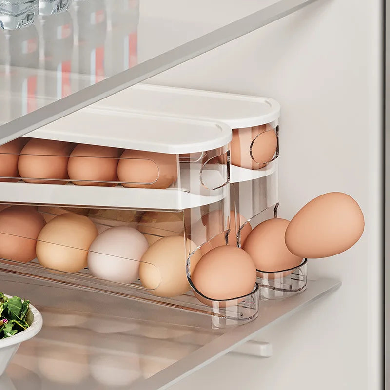 Bilayer Fridge Egg Storage Box Automatic Rolling Eggs Holder Rack Ladder Style