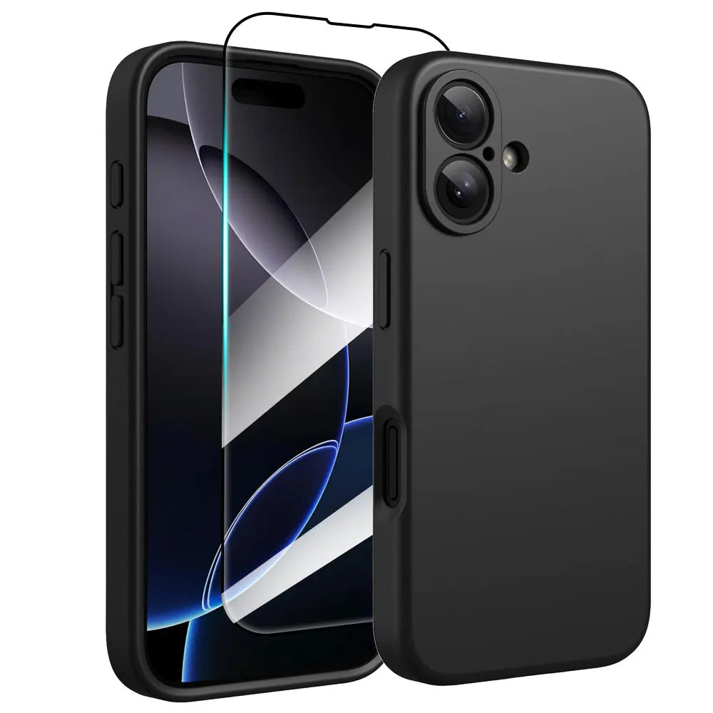2 IN 1 Phone Case for iPhone 16 15 14 13 12 11 Pro Max Plus Protection With Screen Protector Glass Silicone