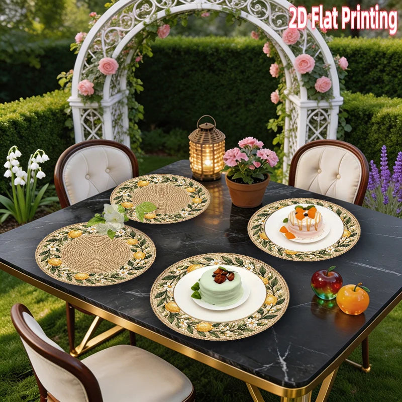 Lemon Floral Round Printed Placemats — 4 Pieces, 15 Inches