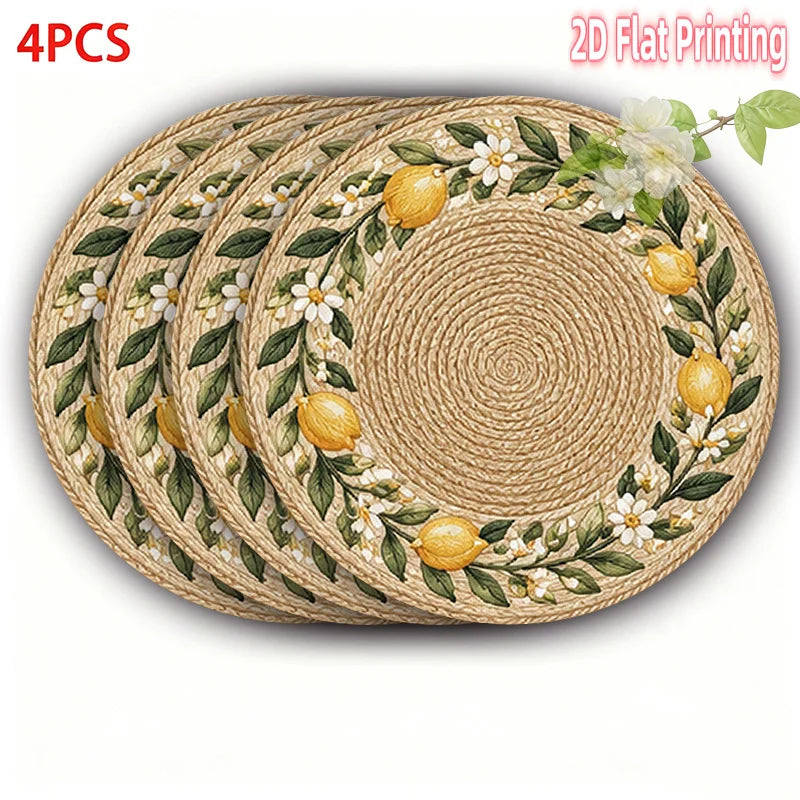 Lemon Floral Round Printed Placemats — 4 Pieces, 15 Inches