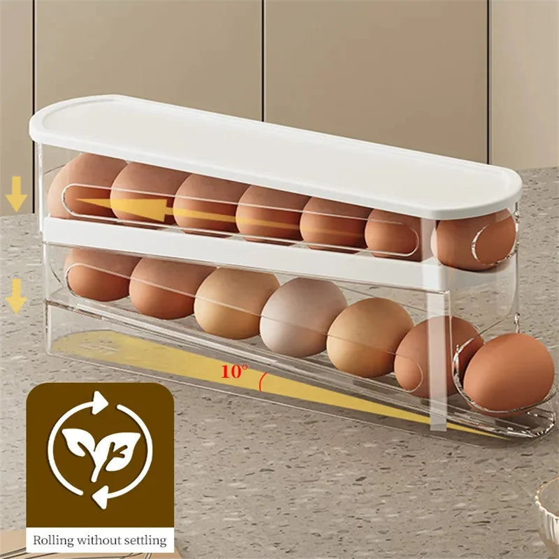 Bilayer Fridge Egg Storage Box Automatic Rolling Eggs Holder Rack Ladder Style