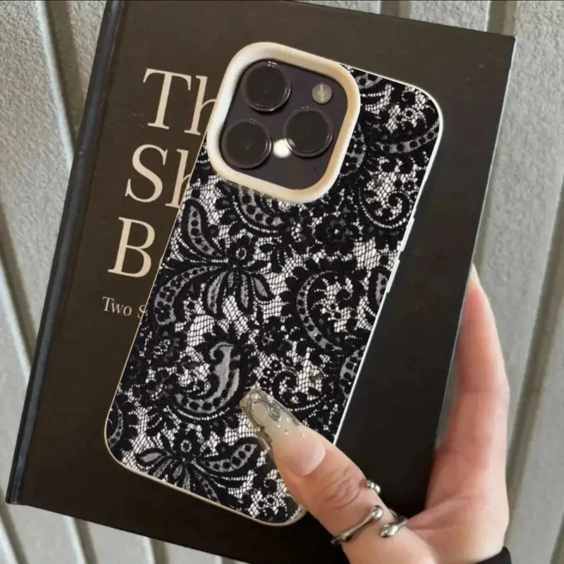 Elegant Black Lace Floral Phone Case for iPhone 17 12 13 11 14 15 16 Pro Max Soft TPU Shockproof Women's