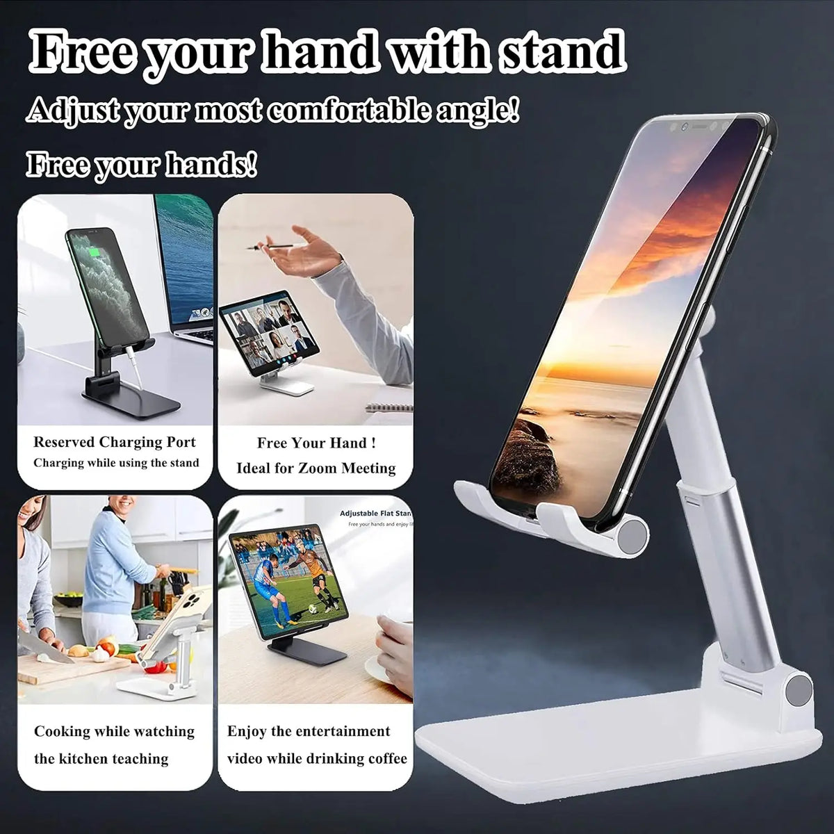 Cell Phone Stand, Adjustable Angle Height Phone Stand for Desk, Fully Foldable/Portable Phone Holder,