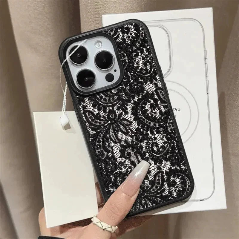 Elegant Black Lace Floral Phone Case for iPhone 17 12 13 11 14 15 16 Pro Max Soft TPU Shockproof Women's