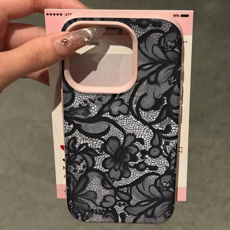 Elegant Black Lace Floral Phone Case for iPhone 17 12 13 11 14 15 16 Pro Max Soft TPU Shockproof Women's
