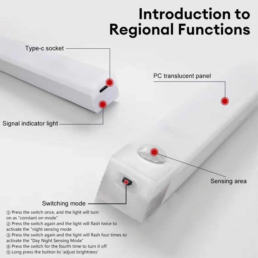 Motion Sensor LED Under Cabinet Lamp Dimmable Rechargeable Night Light Stairs Closet Room Aisle Tube Bar