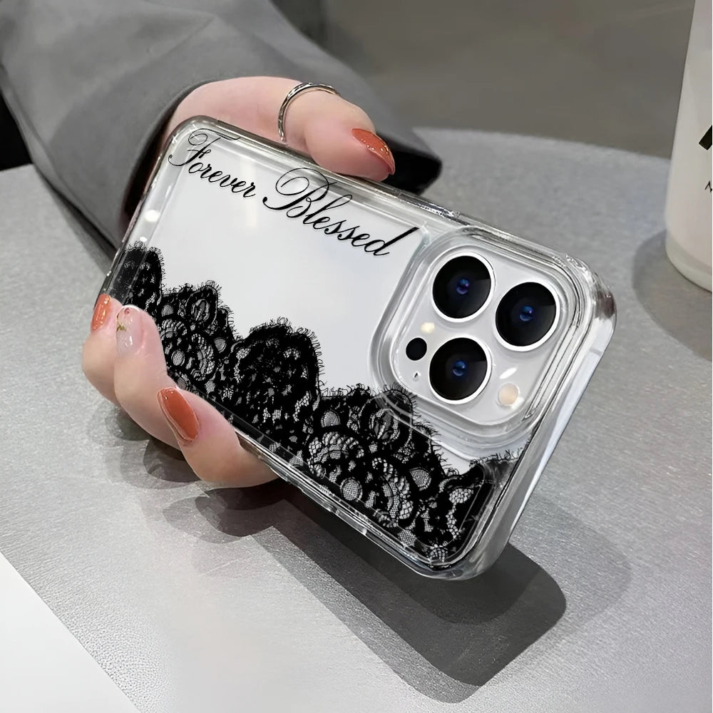 Black Lace Phone Case for iPhone 17 Pro Case 15 14 Pro Max 16 12 Shockproof Transparent Bumper Back Cover 17