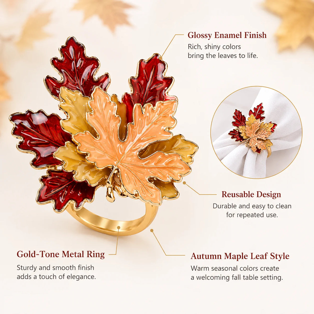 Maple Leaf Metal Napkin Rings — 2, 4 or 6 Pieces