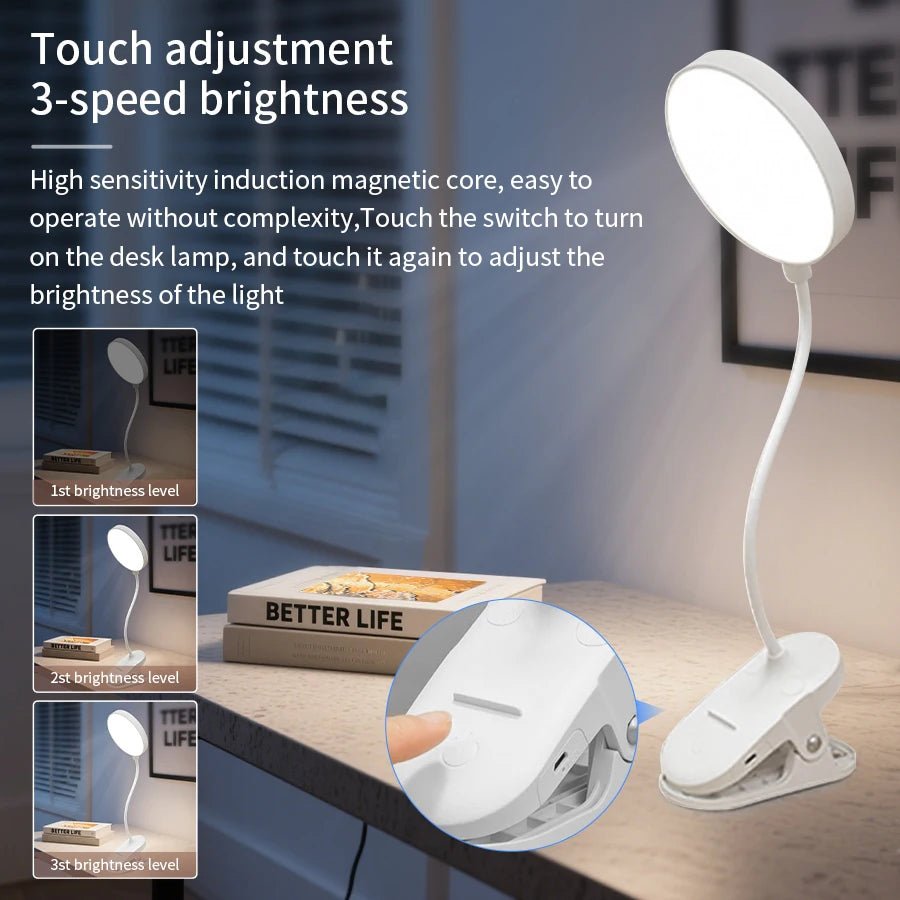 15.35 inch USB Rechargeable Table Lamp Led Desk Reading Book Light with Folding Clamp 500mAh Battery Eye