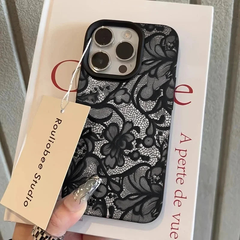 Elegant Black Lace Floral Phone Case for iPhone 17 12 13 11 14 15 16 Pro Max Soft TPU Shockproof Women's