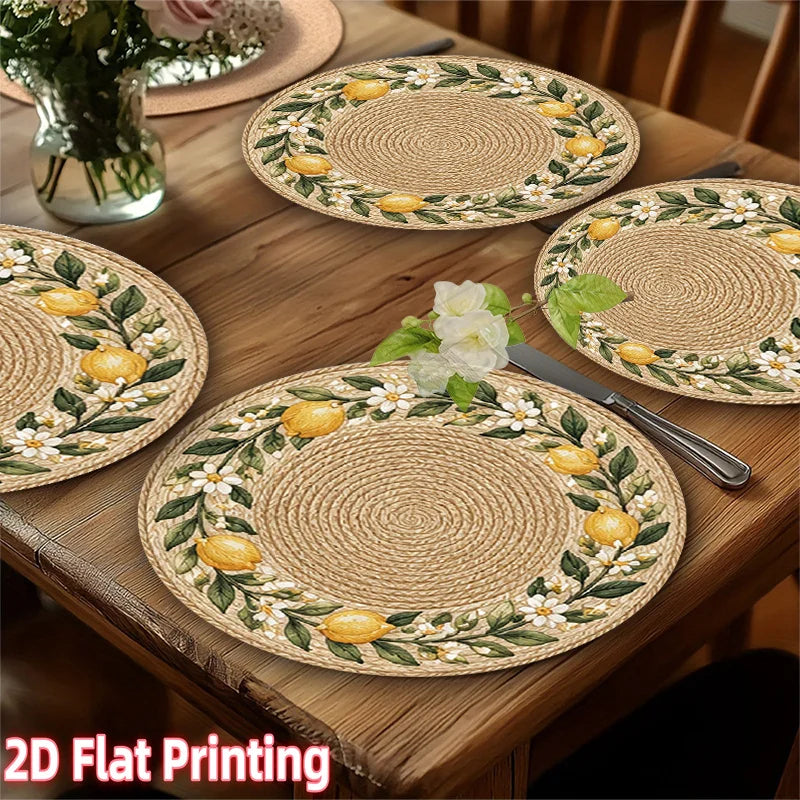 Lemon Floral Round Printed Placemats — 4 Pieces, 15 Inches