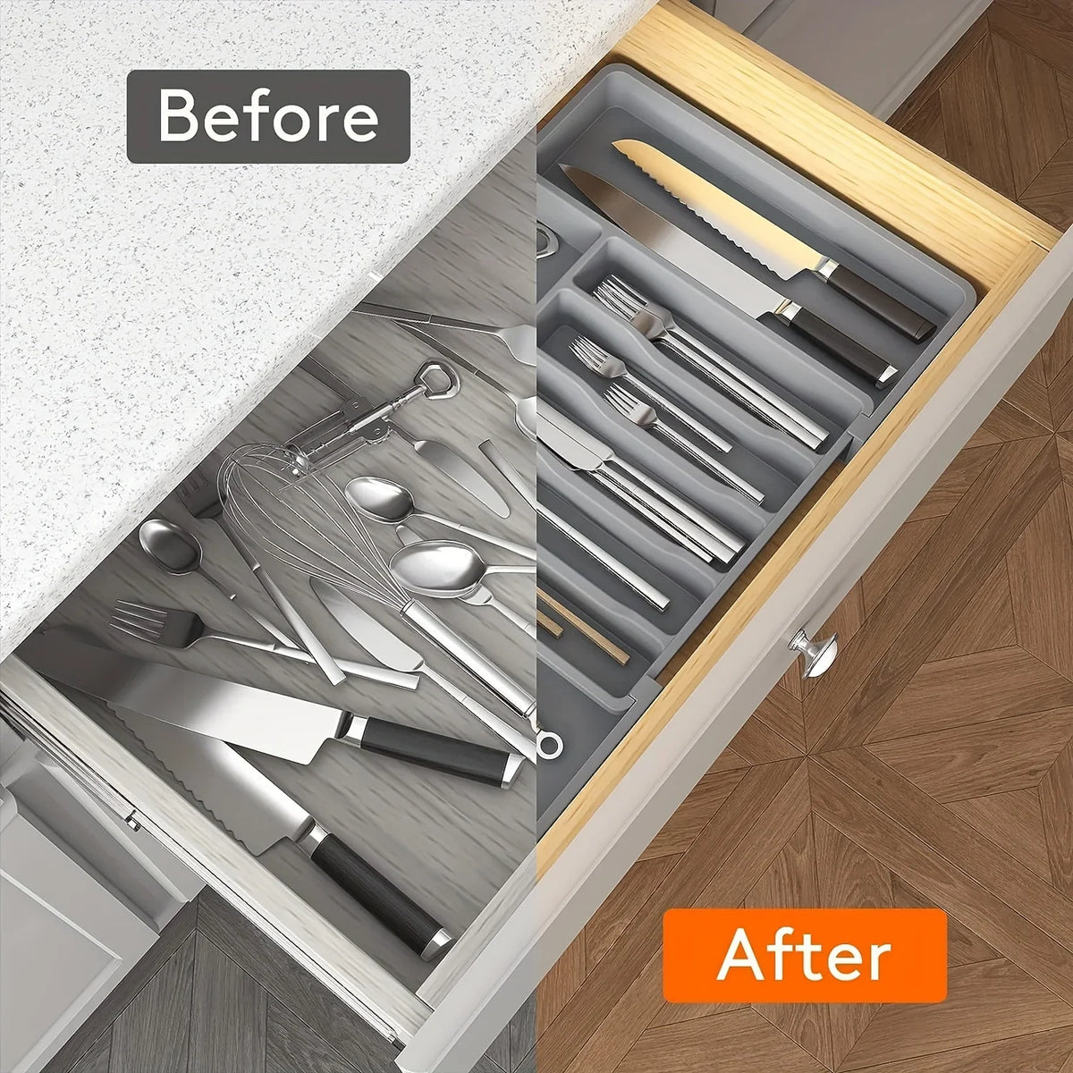 Expandable Kitchen Drawer Organizer, Adjustable Cutlery Storage Tray with Dividers