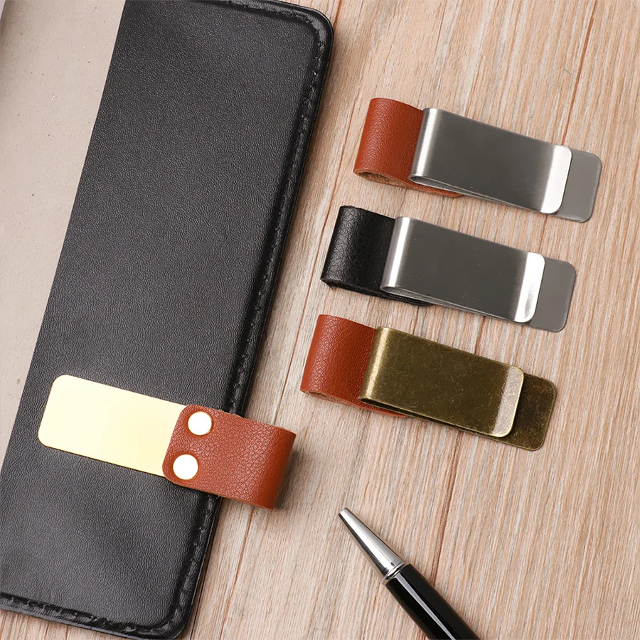 Handmade Leather Pen Holder Clip Brass Stainless Steel