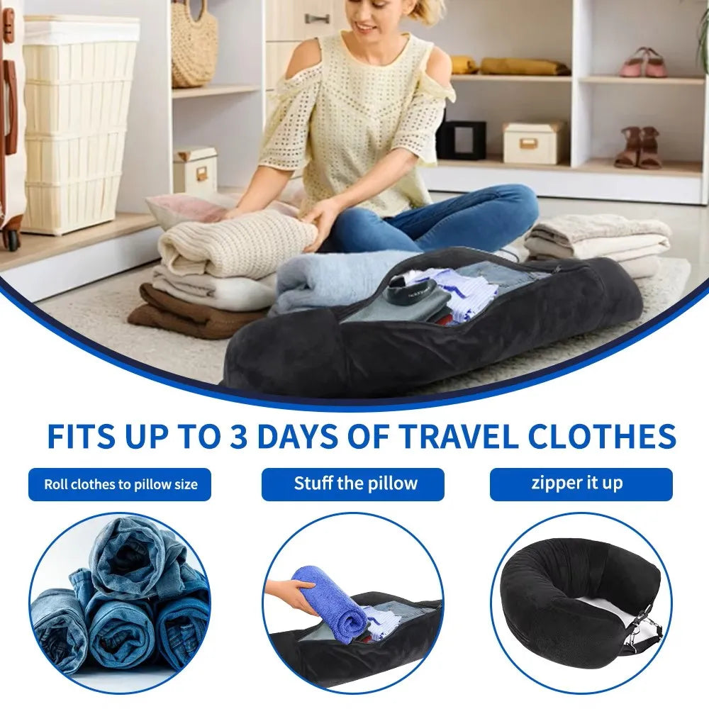 Travel Neck Pillow with Fillable Clothing U-Shaped Pillowcase, Extra Storage Bag