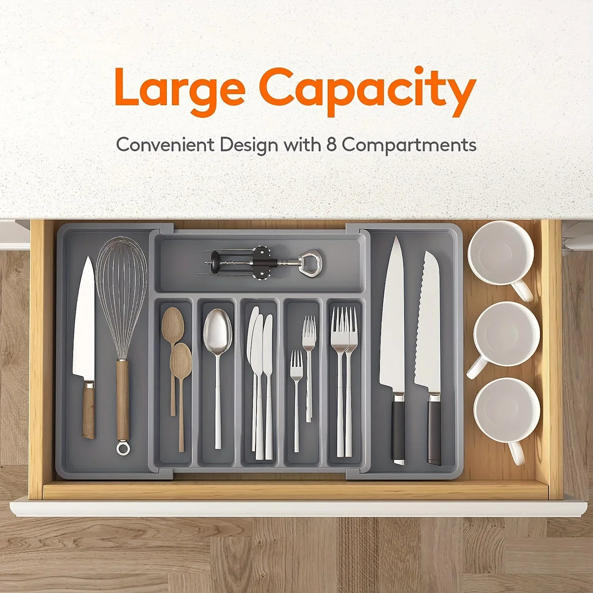 Expandable Kitchen Drawer Organizer, Adjustable Cutlery Storage Tray with Dividers