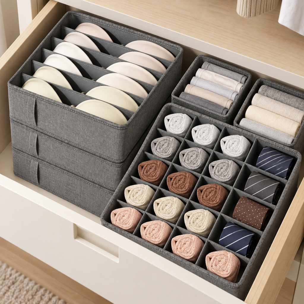 Gray foldable fabric organizers arranged inside a wardrobe drawer
