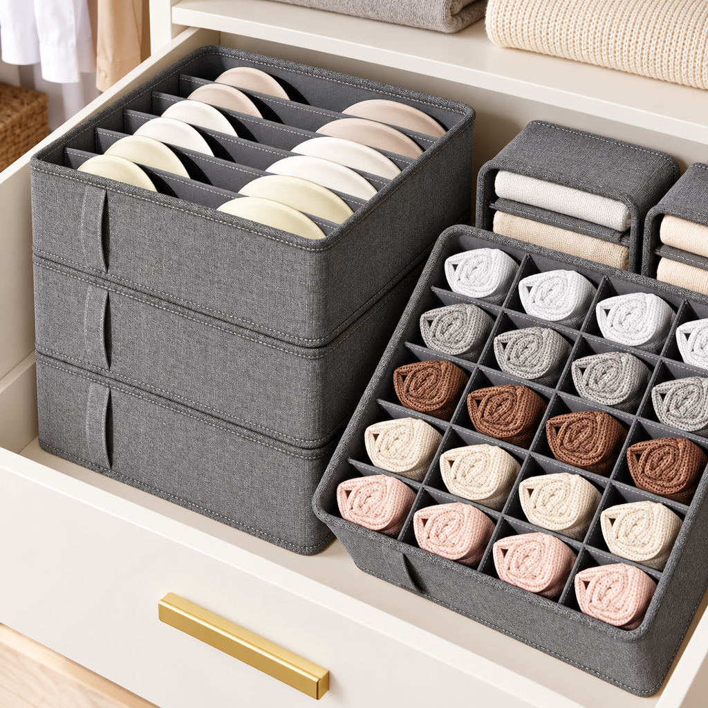 Gray fabric closet organizer neatly storing underwear and socks