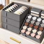 Gray fabric closet organizer neatly storing underwear and socks