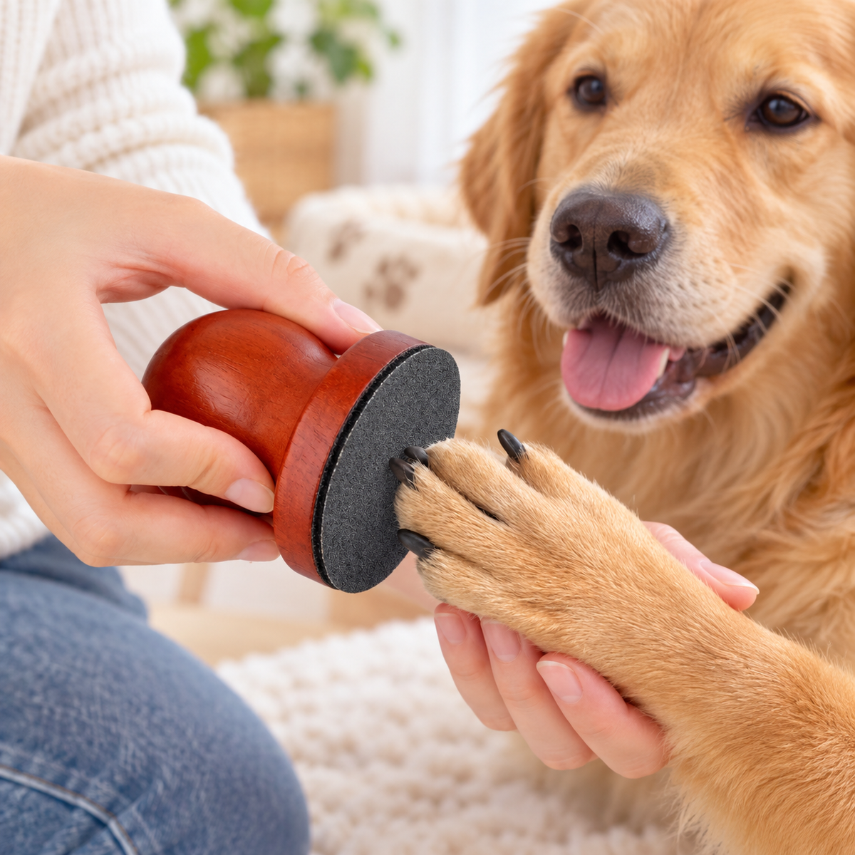 Wooden manual dog nail filing tool used gently on a paw