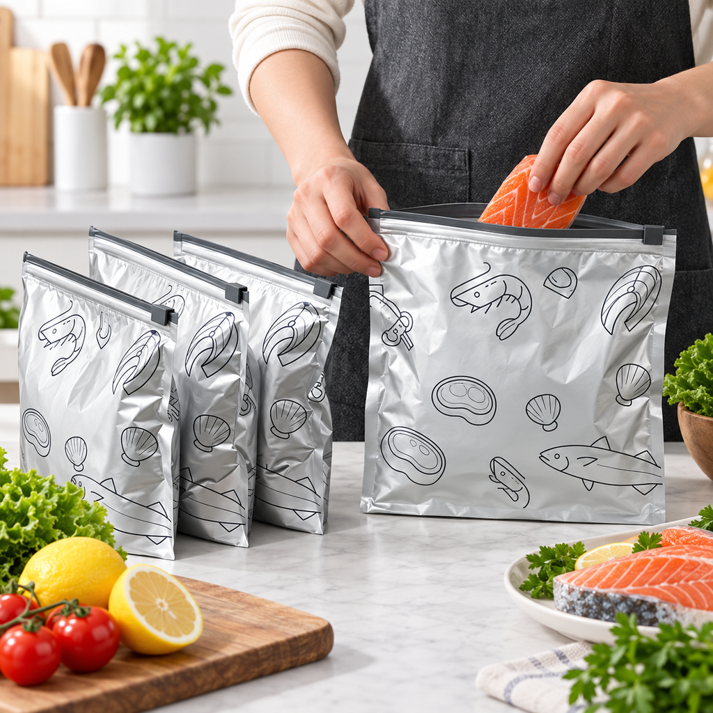 Reusable aluminum foil food storage bags on a kitchen counter