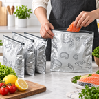 Reusable aluminum foil food storage bags on a kitchen counter
