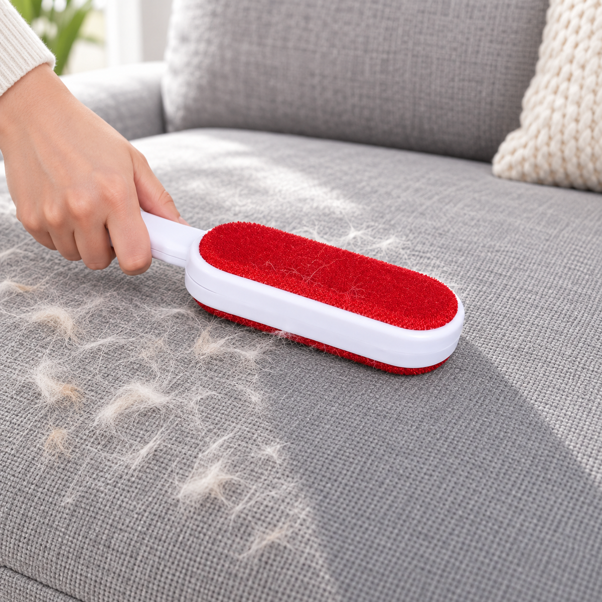 Reusable self-cleaning lint brush used on a gray sofa