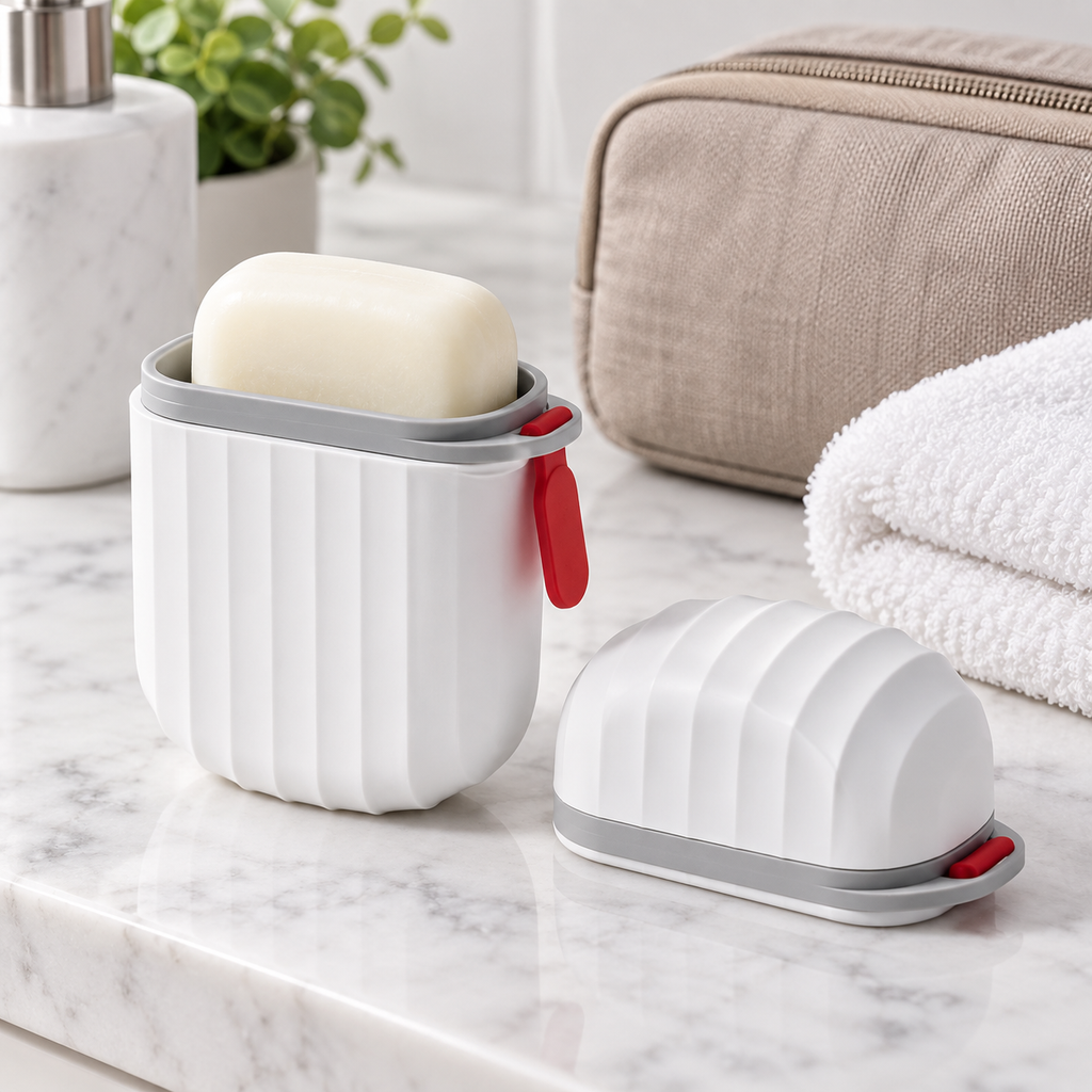 White waterproof portable soap box with gray band and red loop