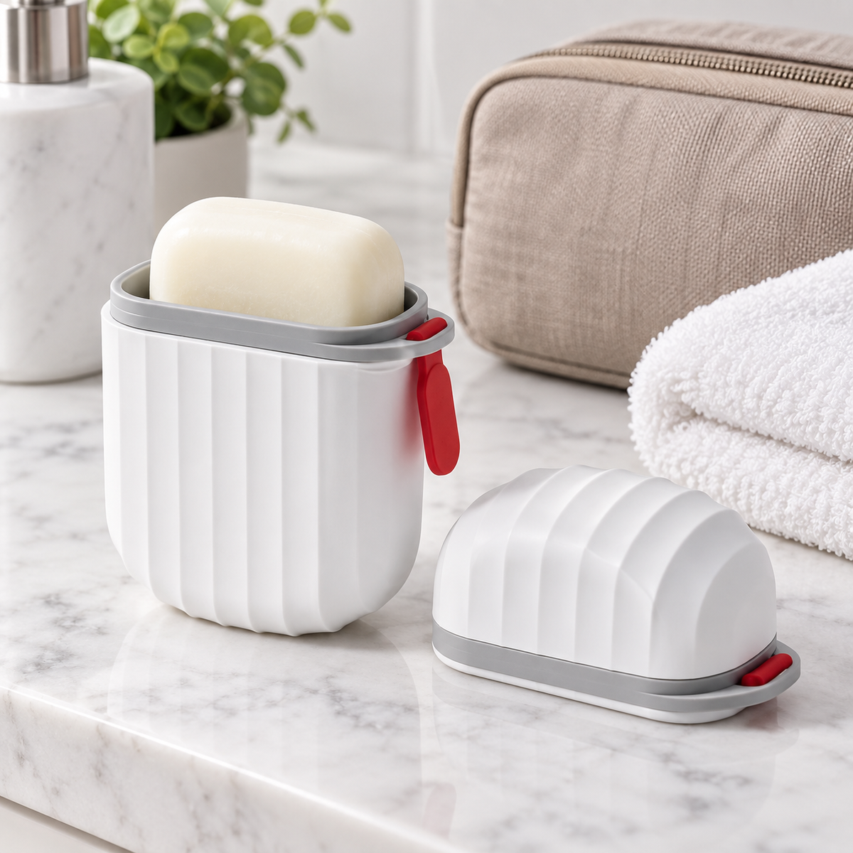 White waterproof portable soap box with gray band and red loop
